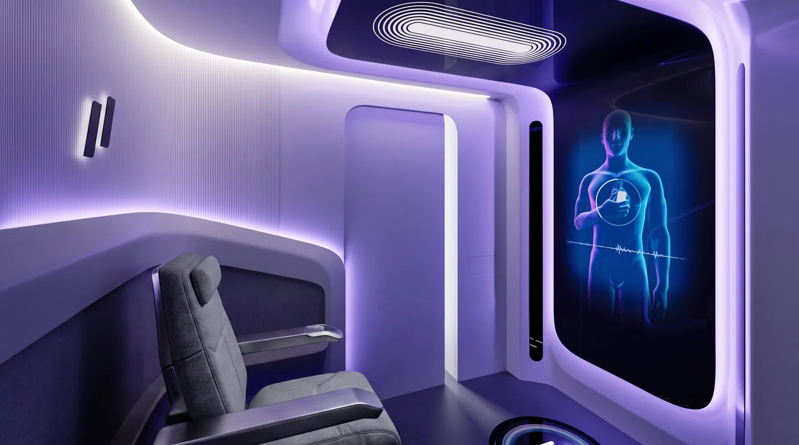 Interior of a Forward CarePod with a holographic health scan