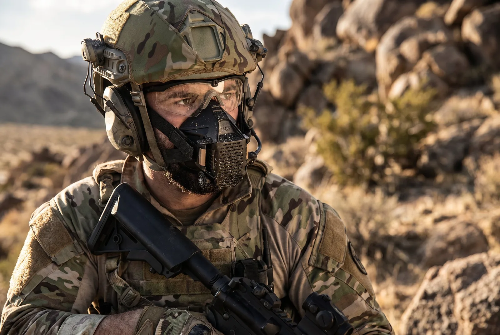 Person wearing the mask prototype in a field setting