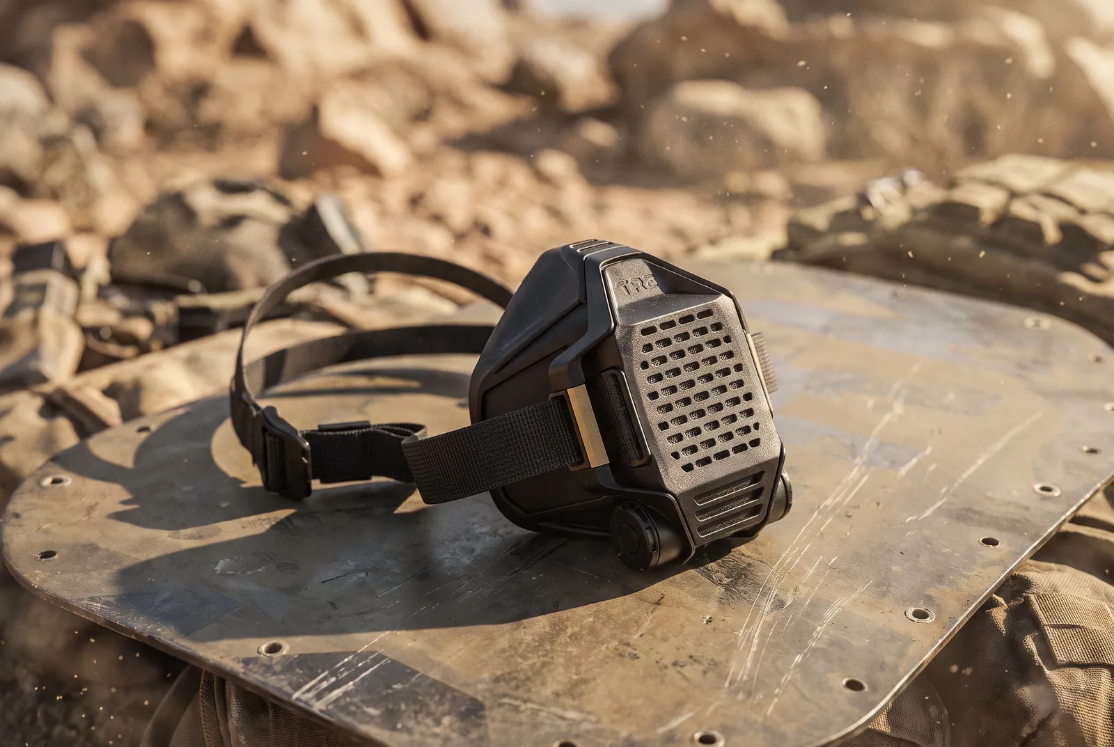 Filtration mask prototype resting on a worn metal panel